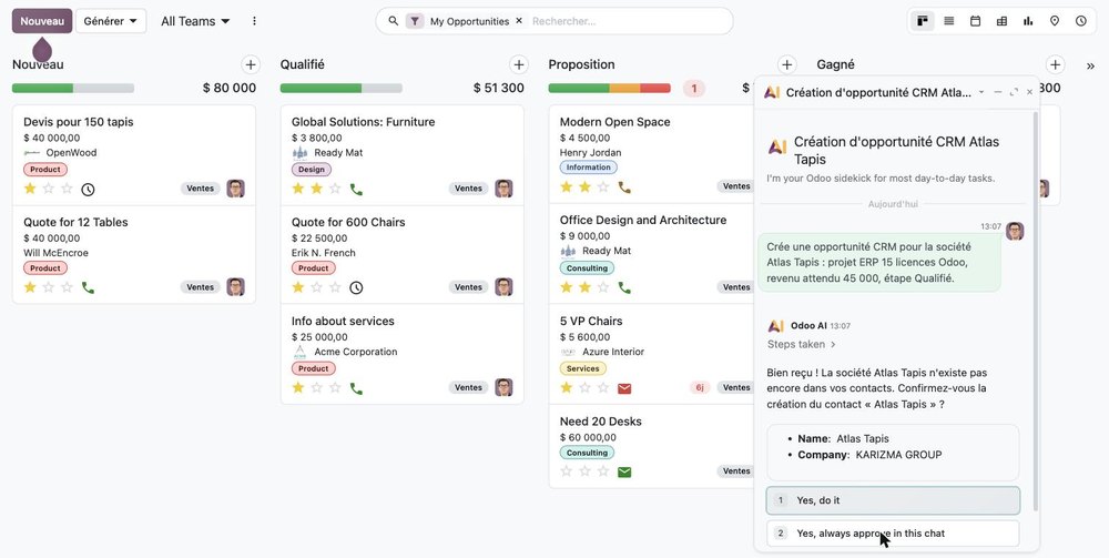 Odoo AI propose de créer un contact et demande validation