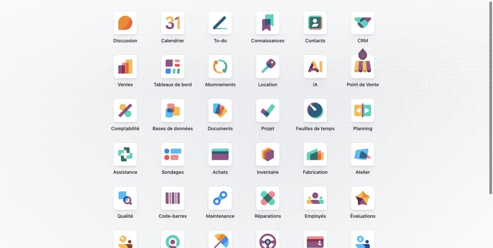 Lanceur d'applications Odoo 20 — capture réelle