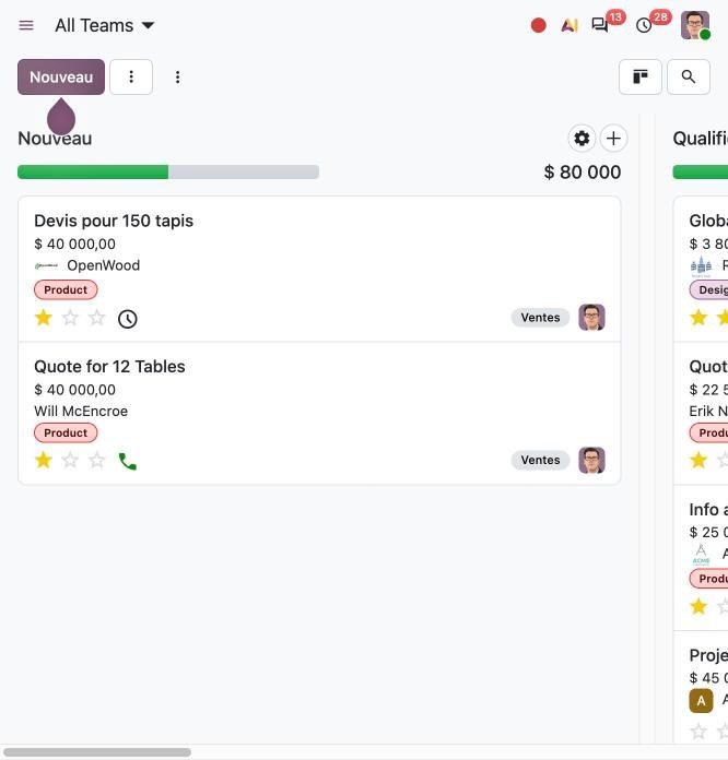 Odoo 20 en mode tactile : pipeline CRM